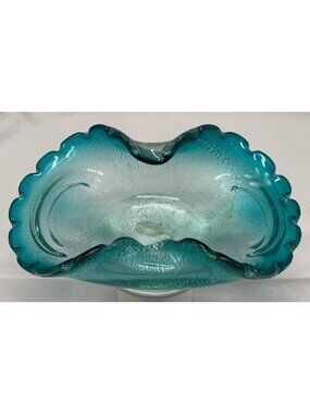 Murano Italy Blue Textured Glass Bowl With Scalloped Edges Vintage Decorative